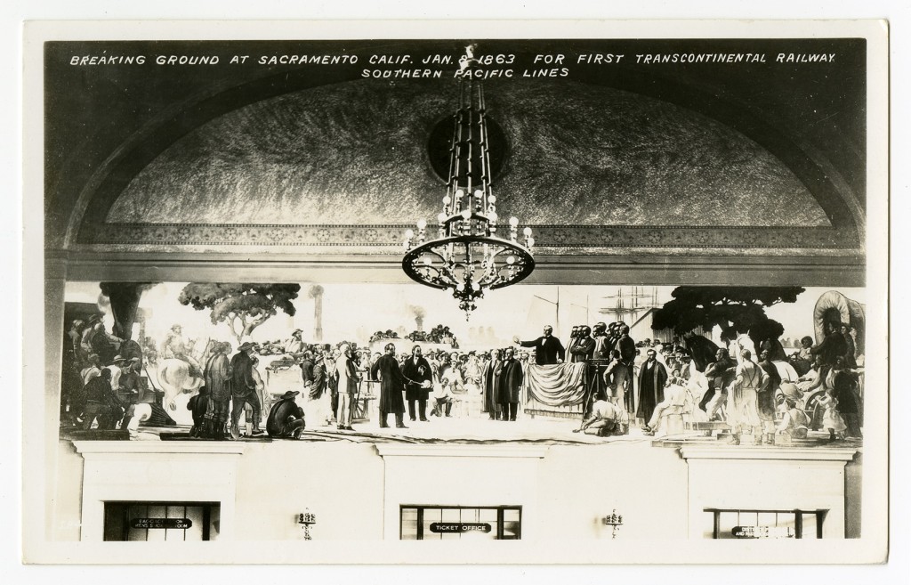 Breaking ground at Sacramento, Calif., Jan. 1863, for first Transcontinental Railway Southern Pacific Lines.