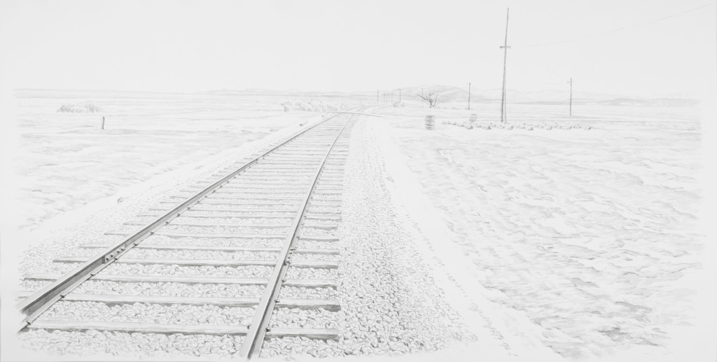 “Golden Spike Celebrations – Chinese workers’ vintage point of Andrew J. Russell’s 'Champagne Photo' site”, 2008, Chinese ink on paper, 48” x 108”