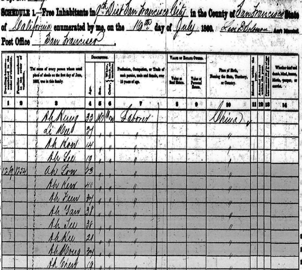 1860 US Census featuring Ah Chew