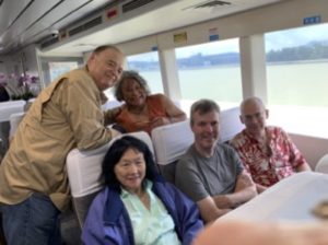 Some of the Stanford delegation en route to the symposium on the Ferry from Hong Kong to Zhongshan: Hilton Obenzinger, Estella Habal (emerita professor of Asian American Studies at San Jose State and wife of Hilton Obenzinger), Connie Young Yu, Ryan Kennedy, Matthew Sommer.