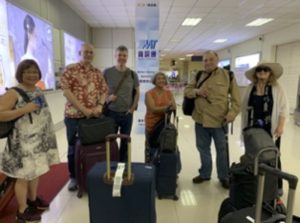 In the Ferry terminal in Zhongshan: Monica Yeung Arima, Matthew Sommer, Ryan Kennedy, Estella Habal, Hilton Obenzinger, Shelley Fisher Fishkin.